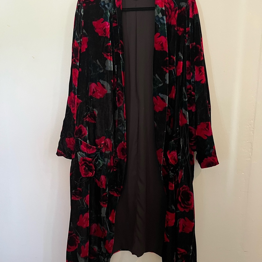 Torrid Black and Red Floral Velvet Trench Coat